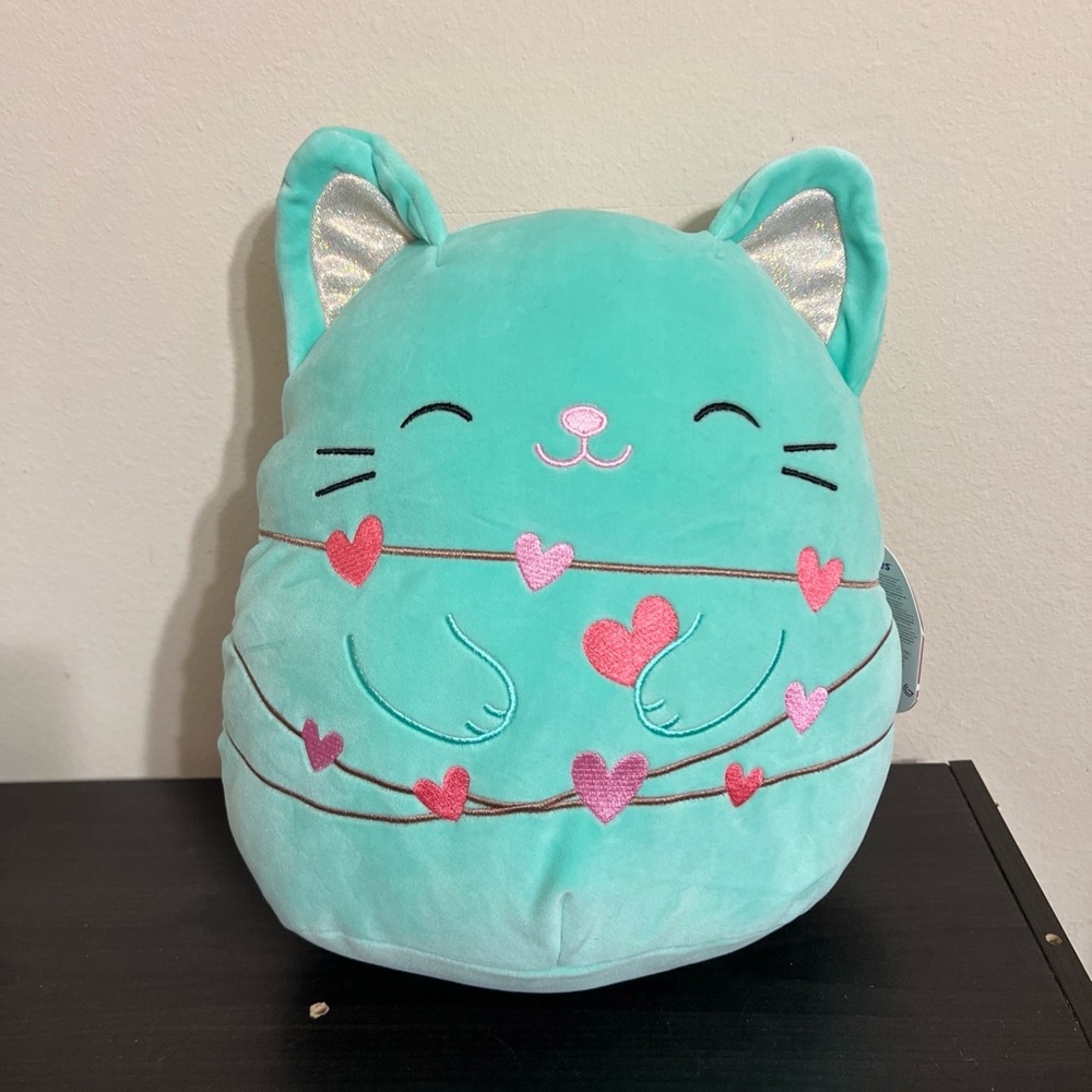 Squishmallows 12” CHARISMA Teal Cat Heart Iridescent Ears Valentines 2025